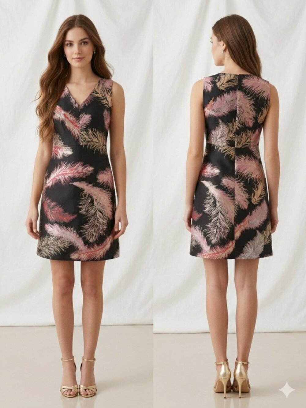 ETCETERA Metallic Feather Print Dress Sz 0 Black Pink Gold Jacquard V-Neck Party